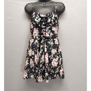 Dark Floral Lace Up Mini Dress S Coquette Cottagecore Soft Girl Y2K Inspired